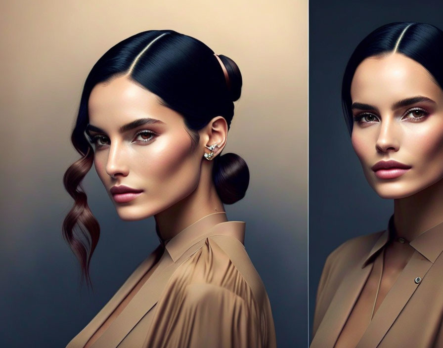 Split image of woman with sleek bun and beige top, showcasing prominent jawline and high cheekbones.