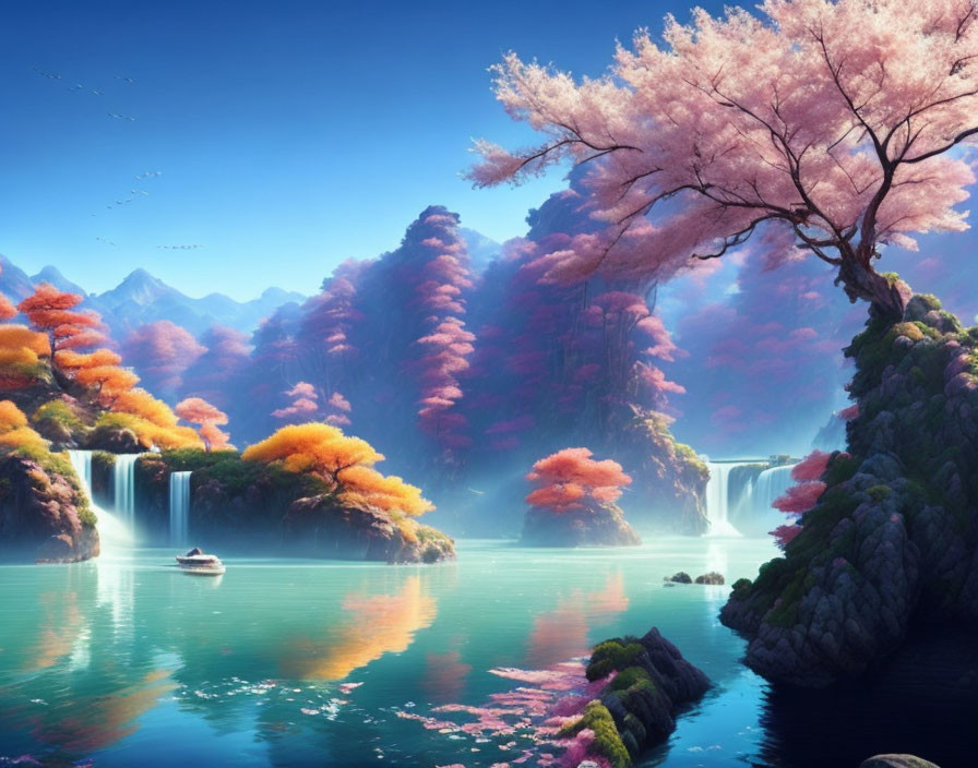 Tranquil Cherry Blossom Landscape with Waterfalls and Lake