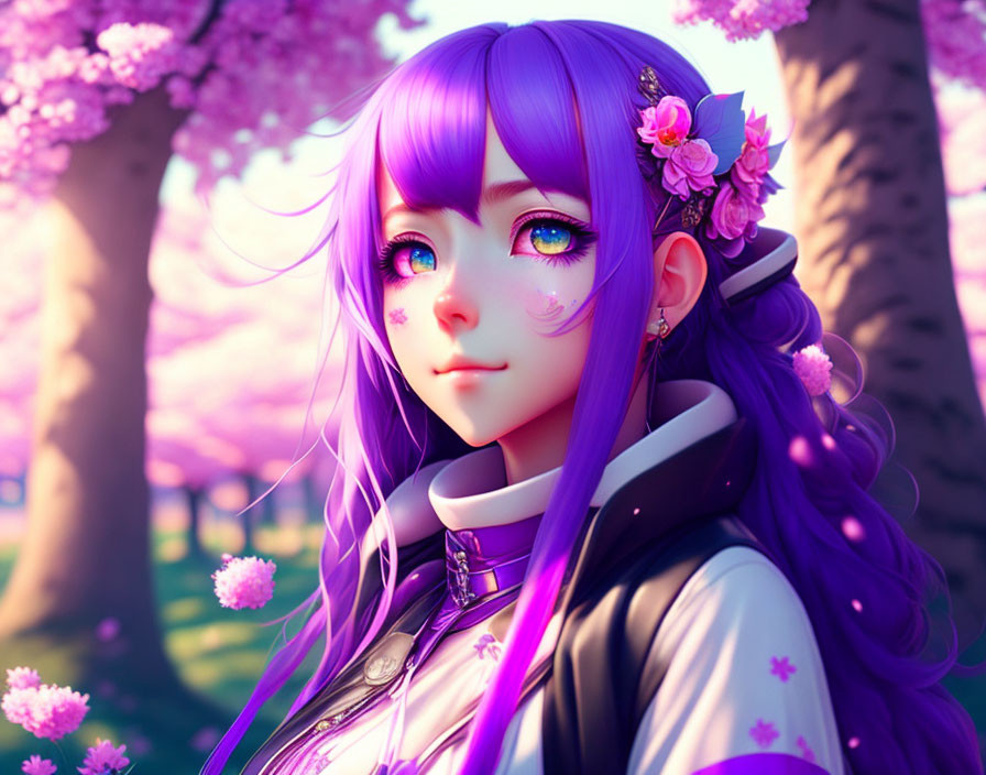 Animated girl with purple hair and large eyes in stylish attire among pink cherry blossoms