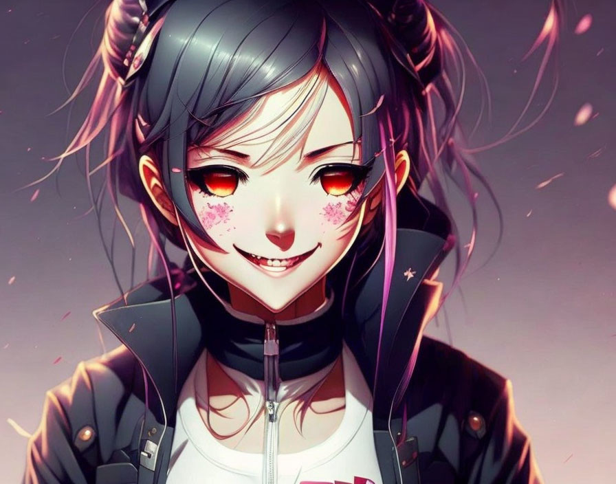 Smiling girl with black hair and red eyes in anime-style art