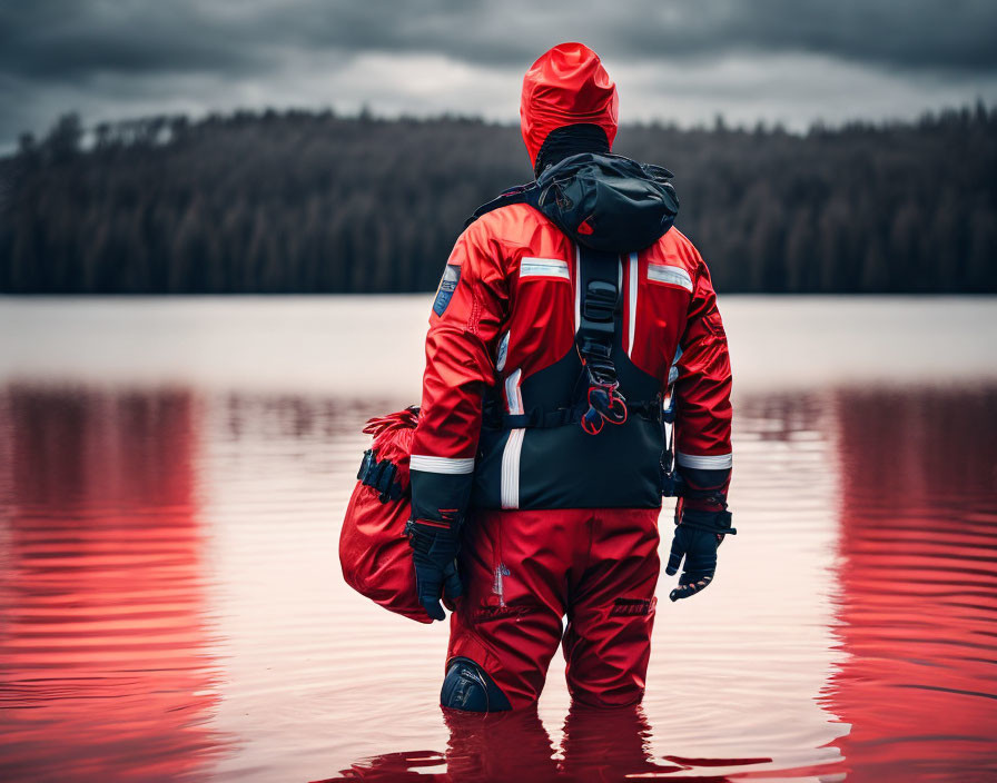 Person in Red Protective Gear Standing in Crimson Lake Amid Forest Scene