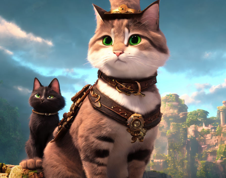 CGI image of two cats in fantasy setting with ruins and dramatic lighting