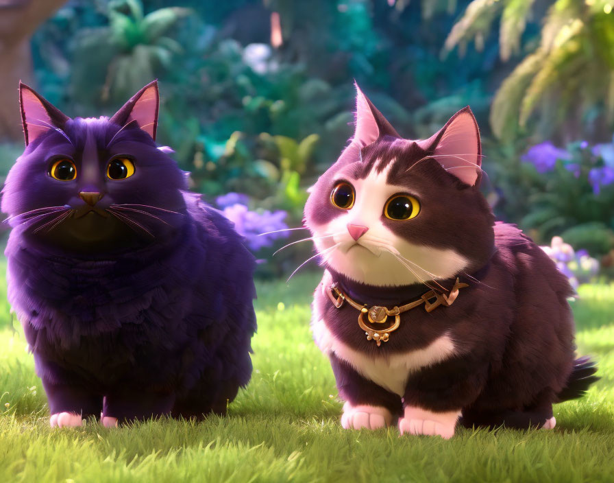 Two Animated Cats in Lush Forest Setting