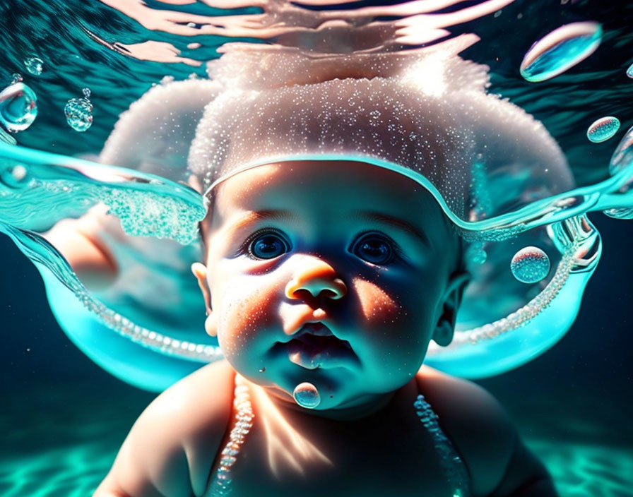 Infant in Water with Bubbles and Warm Light