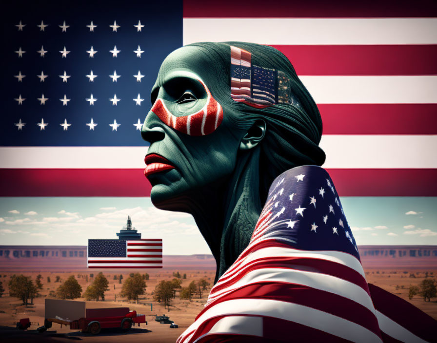 Profile portrait overlaid with American flag on desert landscape backdrop