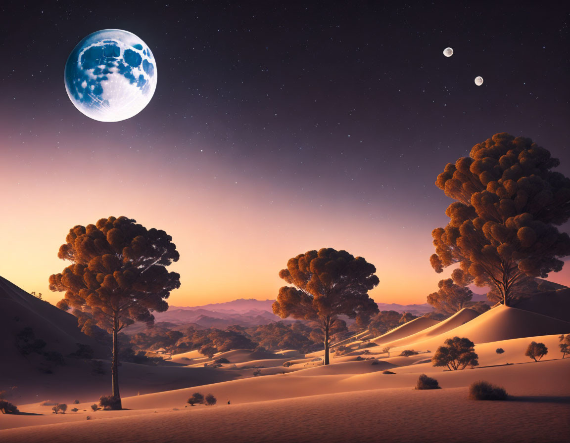 Surreal desert landscape with oversized moon and stars at twilight