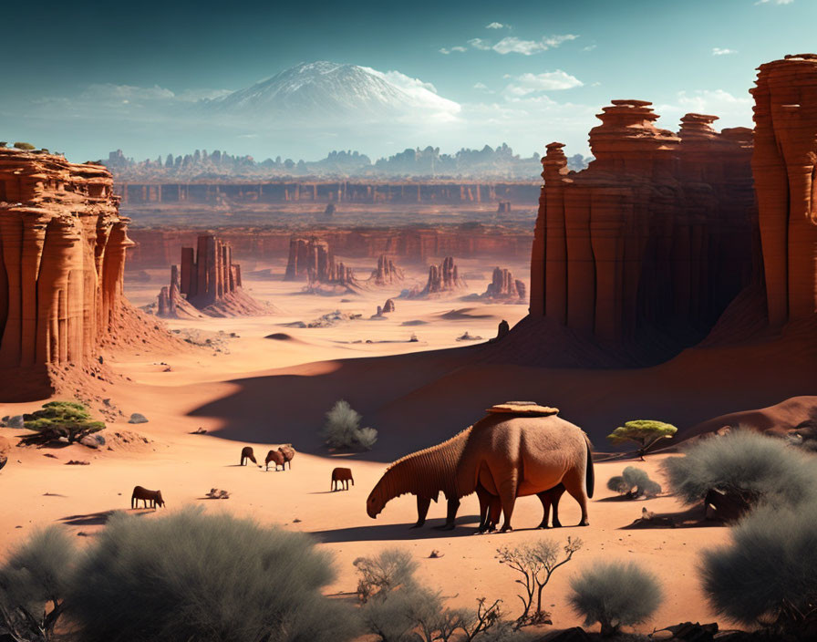 Surreal desert landscape with elephants and snowy mountain under blue sky