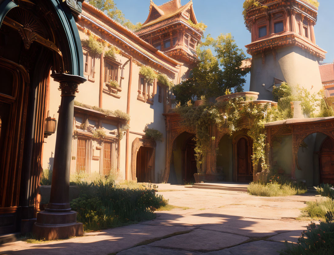 Tranquil courtyard with orange buildings, ivy, and clear sky