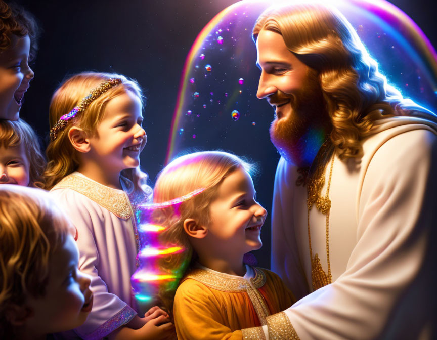 Bearded man with children under rainbow light