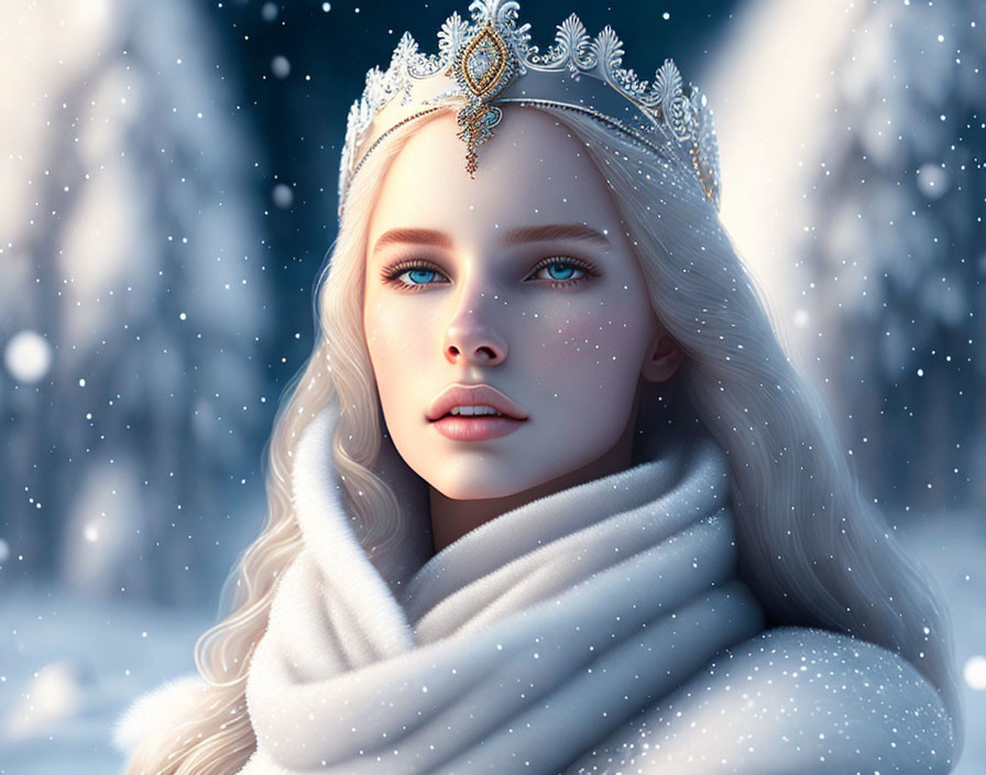 Digital portrait of woman with pale skin and blue eyes in white crown and scarf against snowy background.