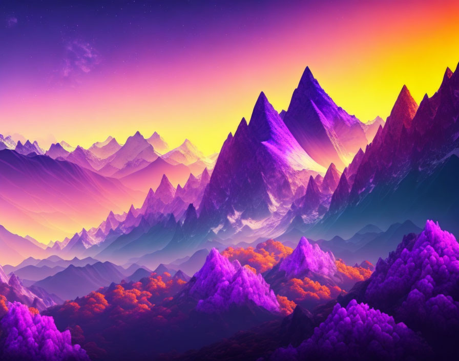 Colorful Mountain Peaks Under Sunset Sky: Purple Landscape Transition