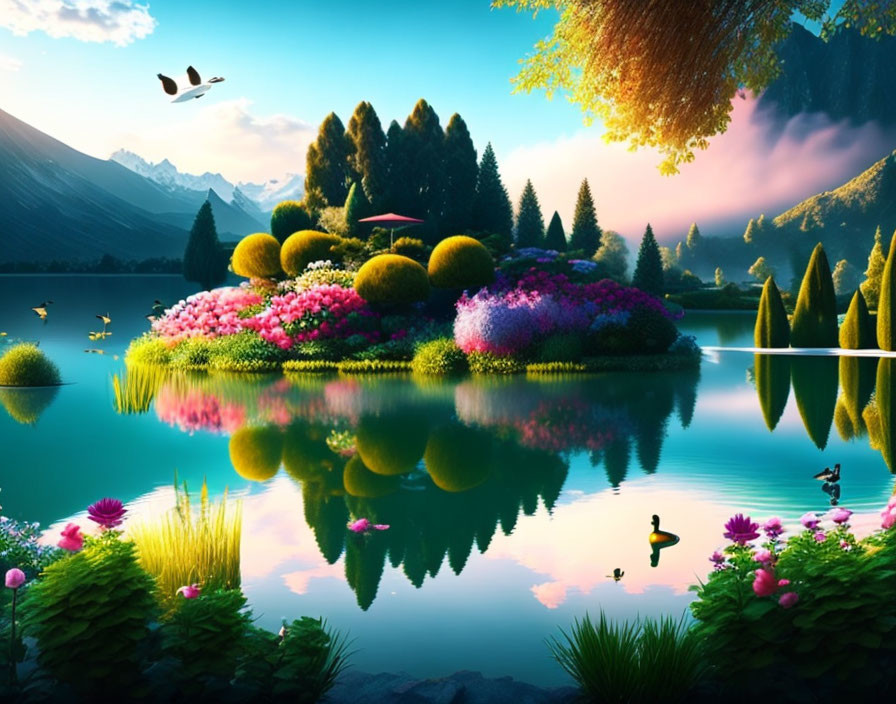 Tranquil lake with lush islands and pastel sky