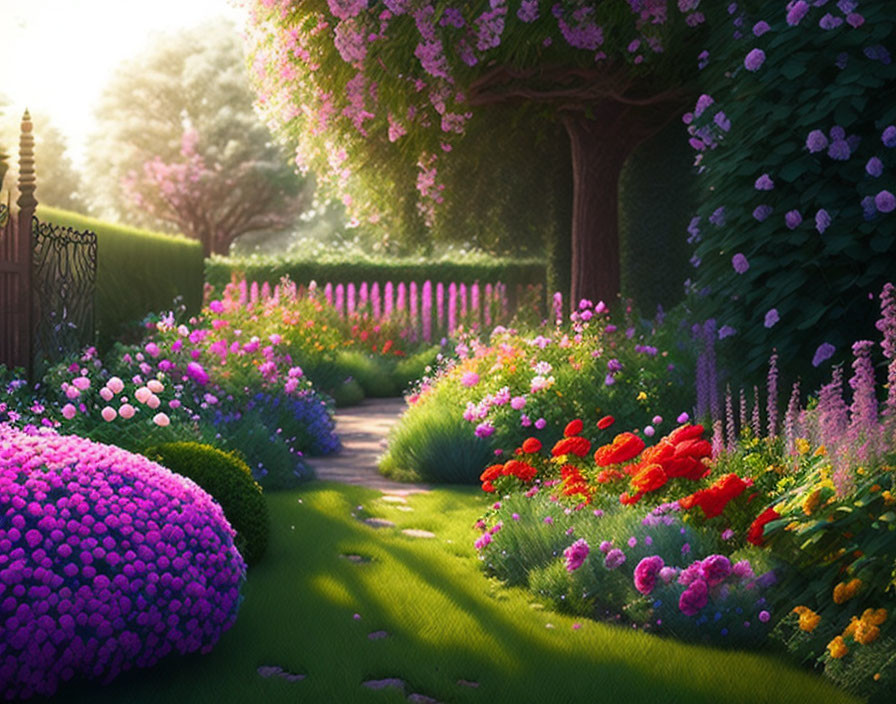 Vibrant garden path with flowers and trees under warm sunlight and iron gate