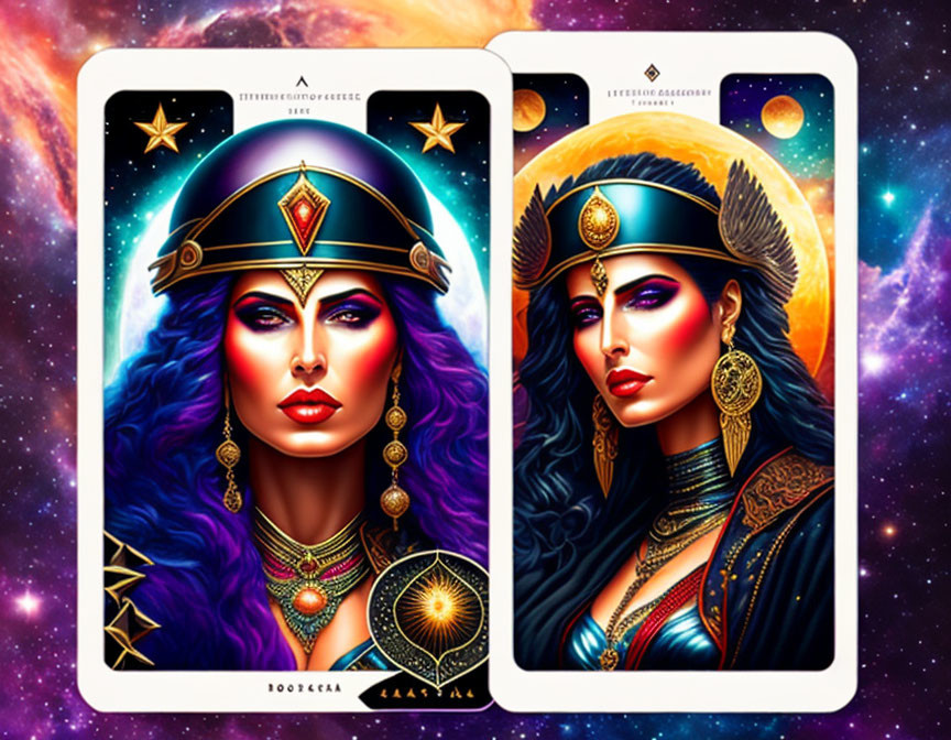 Vibrant tarot cards of Aries and Aquarius zodiac signs with cosmic backgrounds.