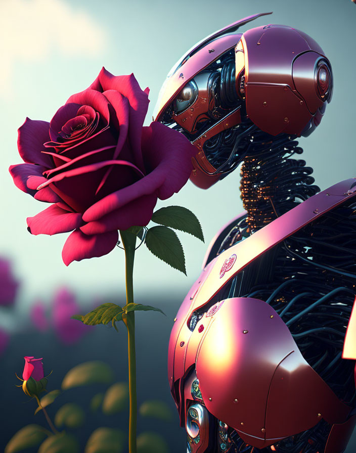 Glossy red and black humanoid robot holding blooming red rose on soft-focused background