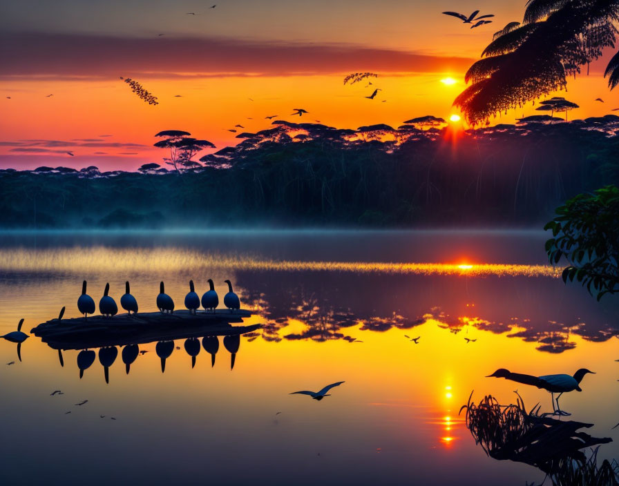 Tranquil lake sunrise with birds on dock and colorful sky