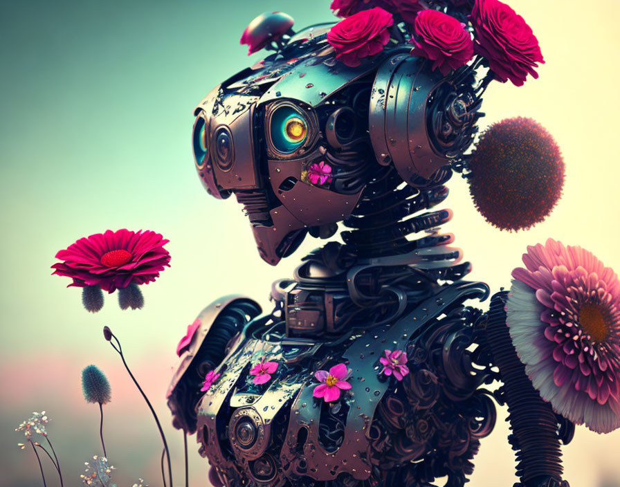 Humanoid head robot adorned with vibrant flowers on soft-focus background