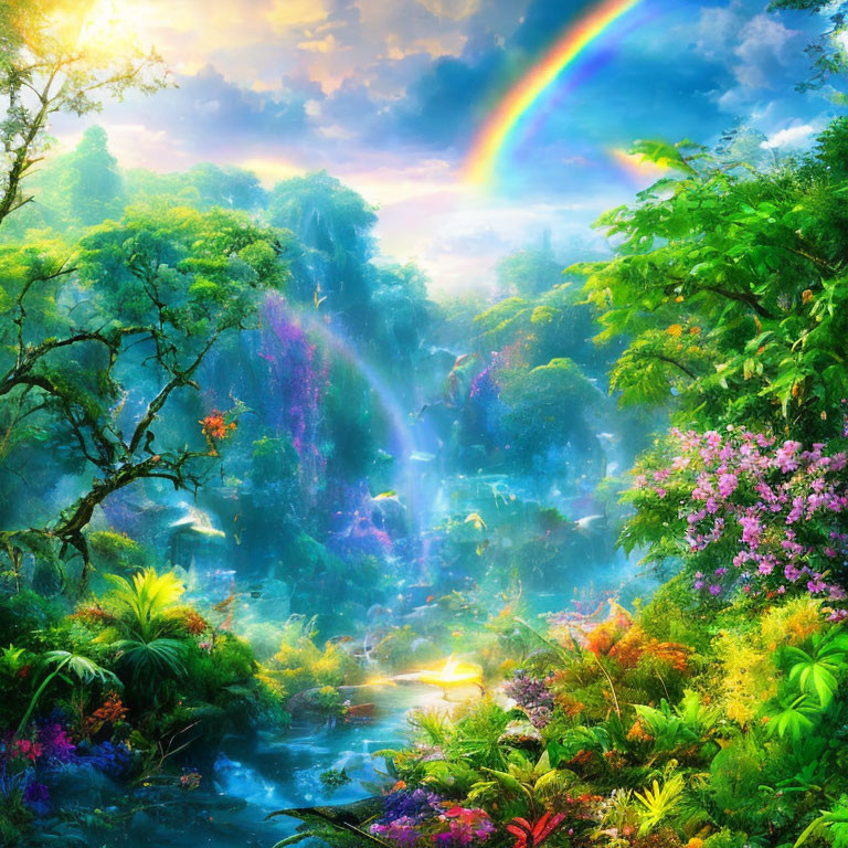 Colorful forest scene with rainbow over waterfall and blooming flowers