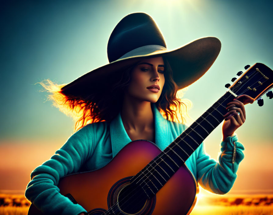 Person with large hat holding guitar in golden sunset