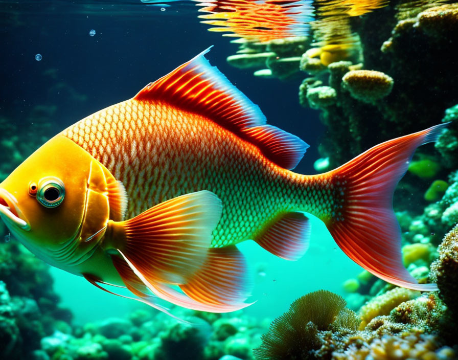 Vibrant orange-red fish near coral reef in clear blue water