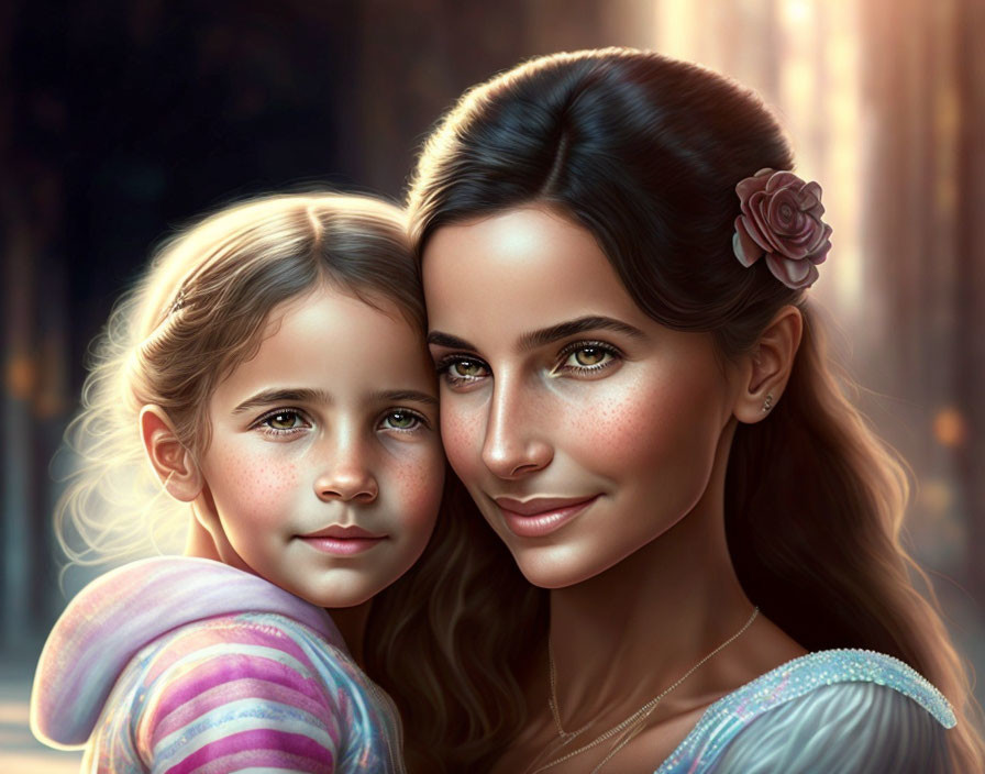 Digital painting of young girl and woman with brown hair posing closely in warm, softly lit setting