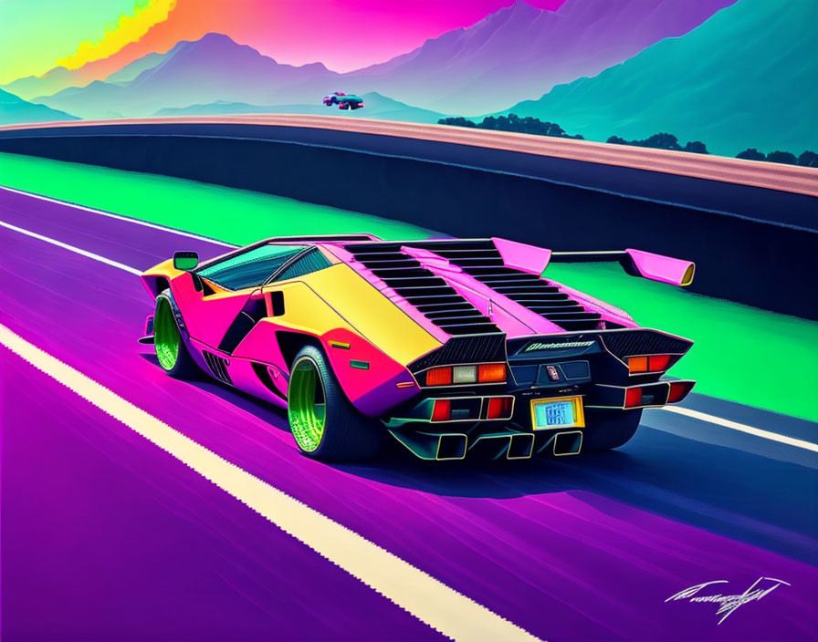 Colorful Road: Classic Lamborghini Artwork with Mountains and Purple Sky