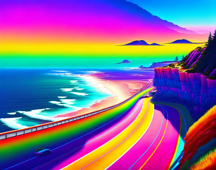 Neon-colored coastline with highway, car, mountains, and surreal sky