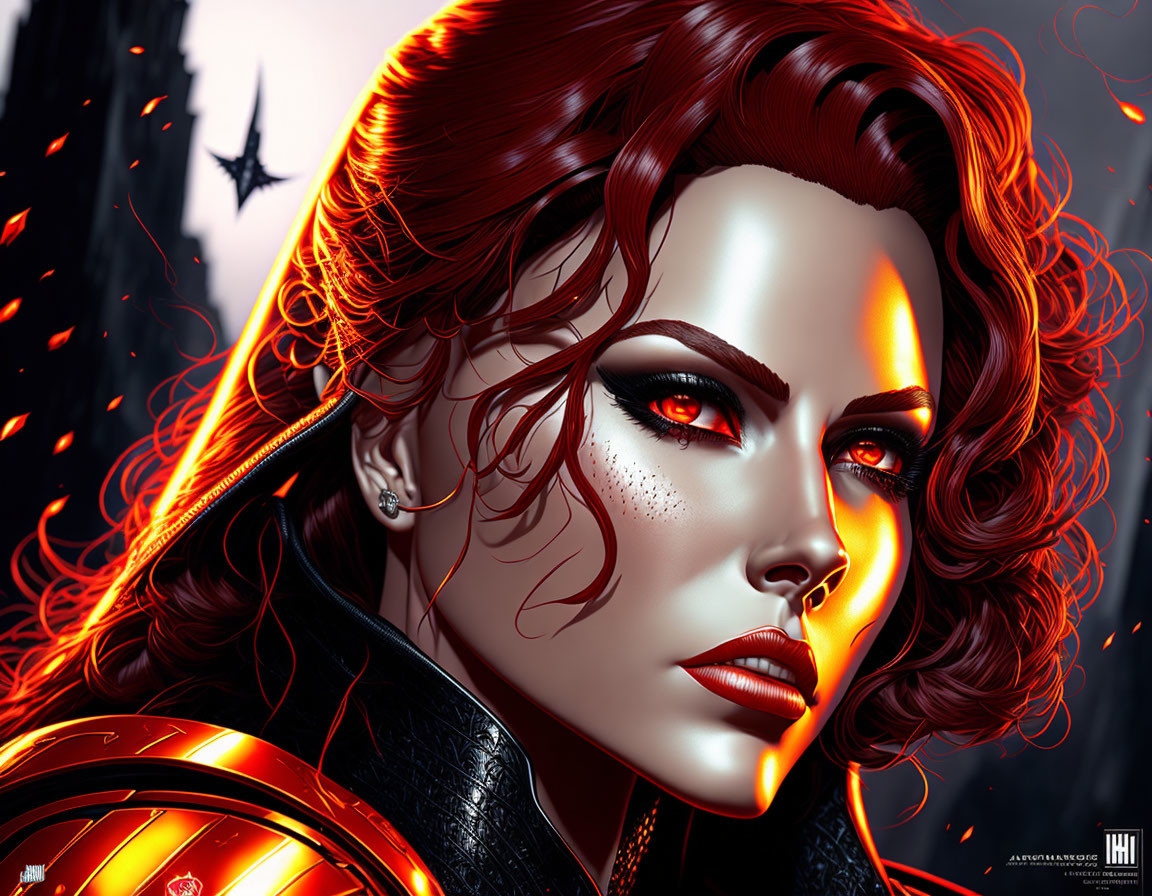 Digital artwork: Woman with red hair, intense eyes, black outfit, stylized bat, red glow