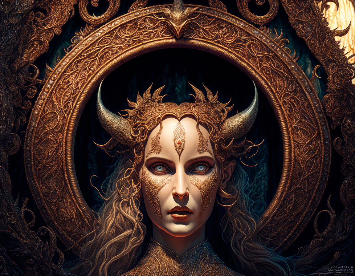 Fantasy portrait of a horned woman with golden filigree designs.