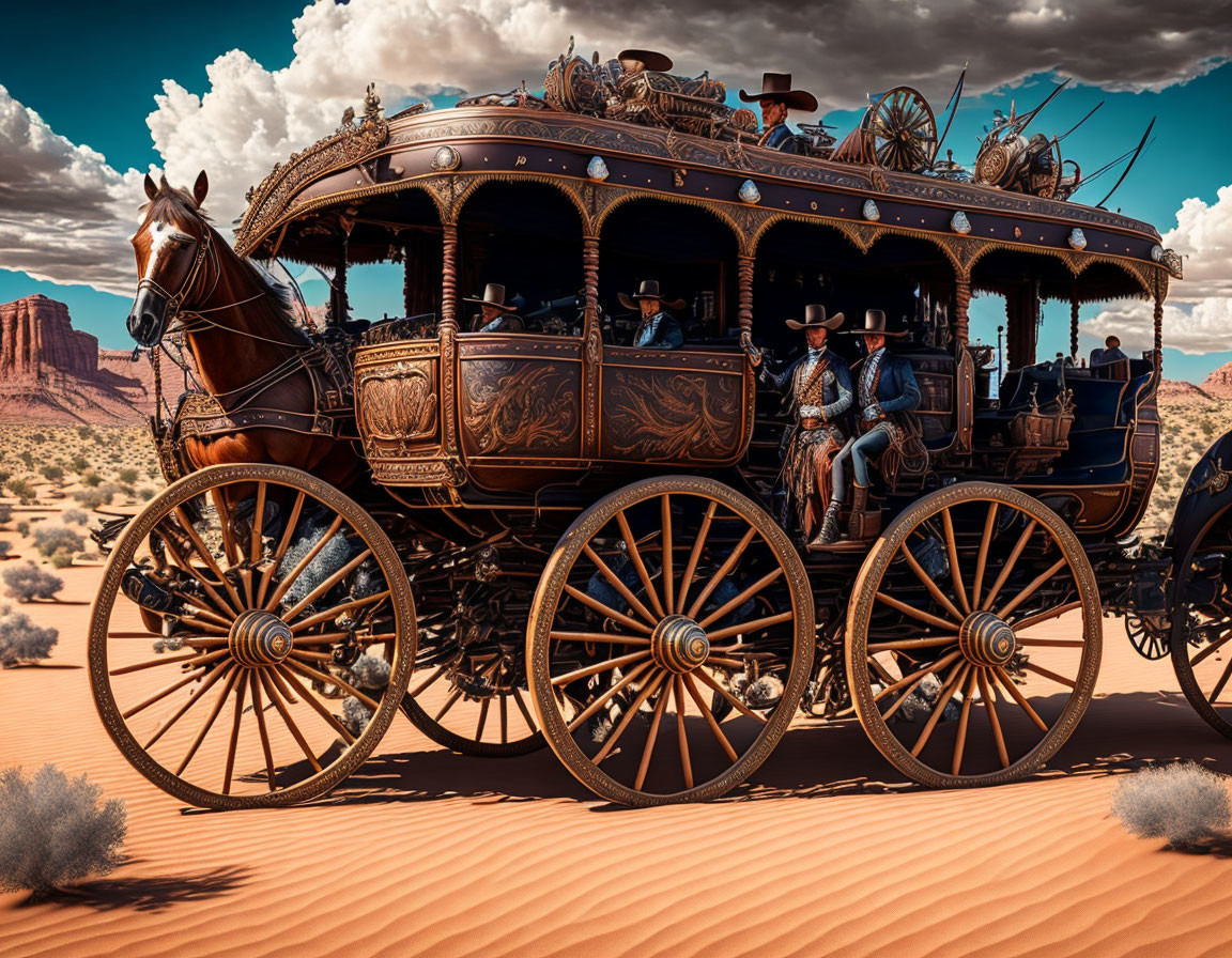 Stagecoach with passengers and driver crossing desert landscape