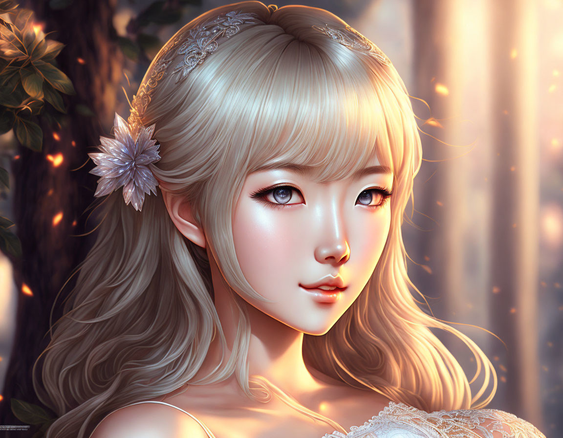 Illustrated portrait of fair-skinned woman with blonde hair and large eyes in sunlit forest