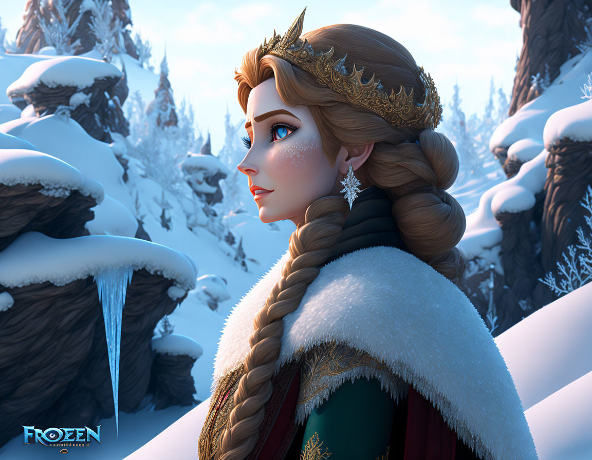 Animated queen with braided hairstyle and crown in snowy forest wearing regal dress and fur-trimmed