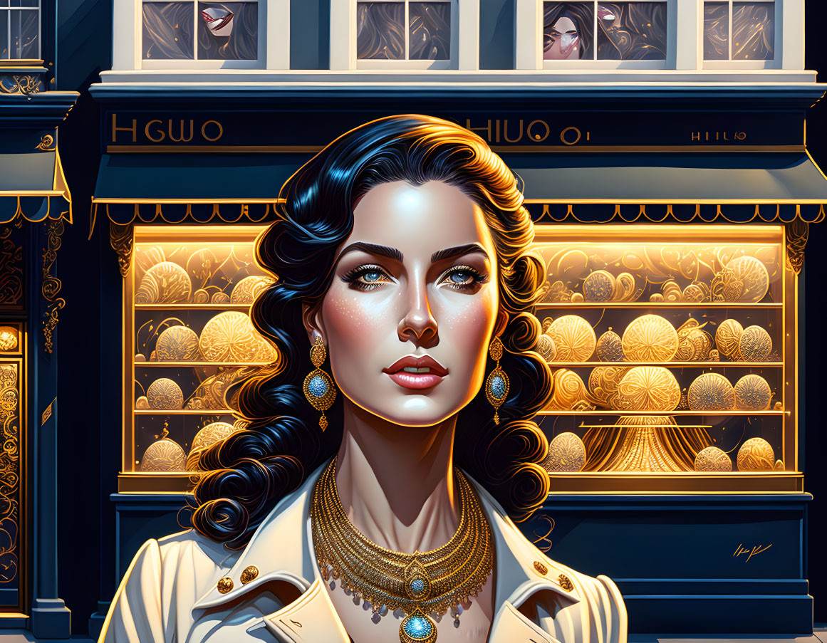 Illustrated woman with dark hair and golden earrings in front of ornate gold storefront under blue hue