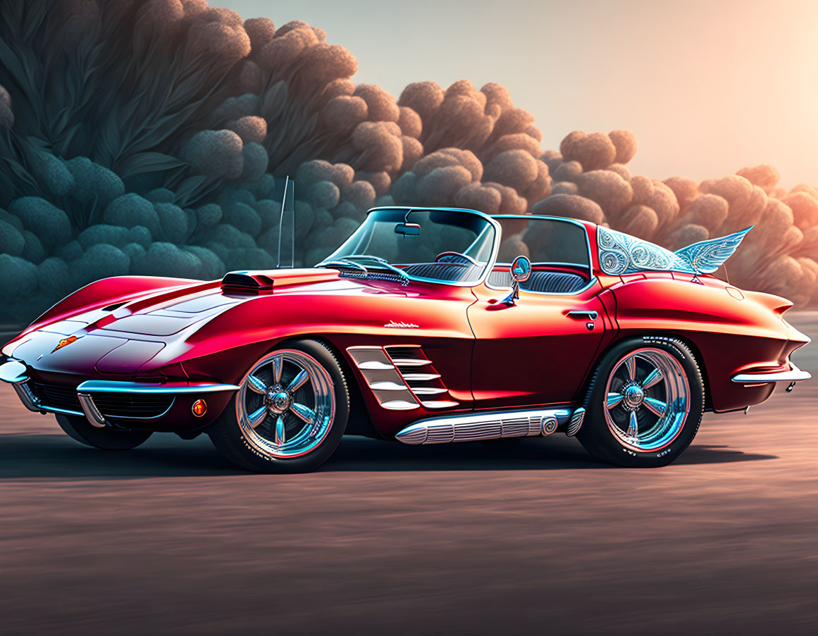 Vintage Red Convertible with Blue Angel Wings on Deserted Road