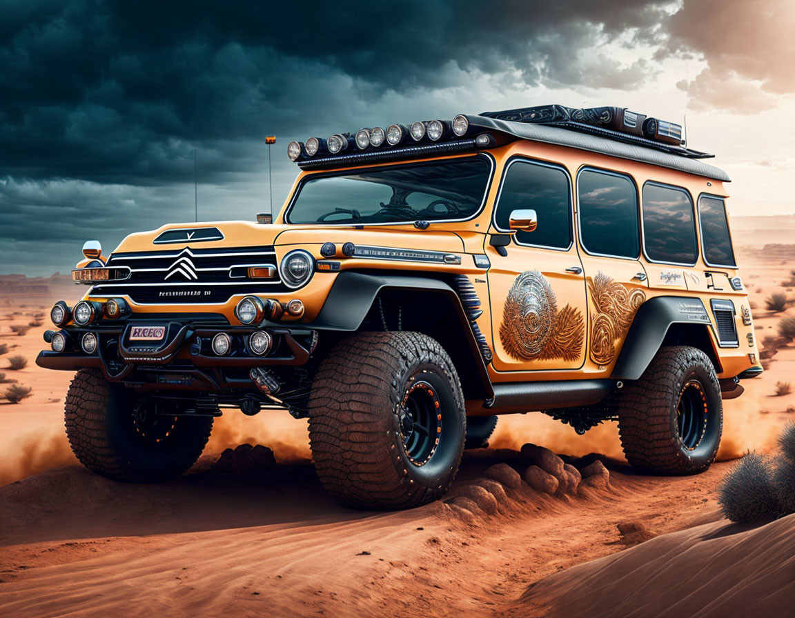 Custom Orange Off-Road Vehicle on Desert Landscape