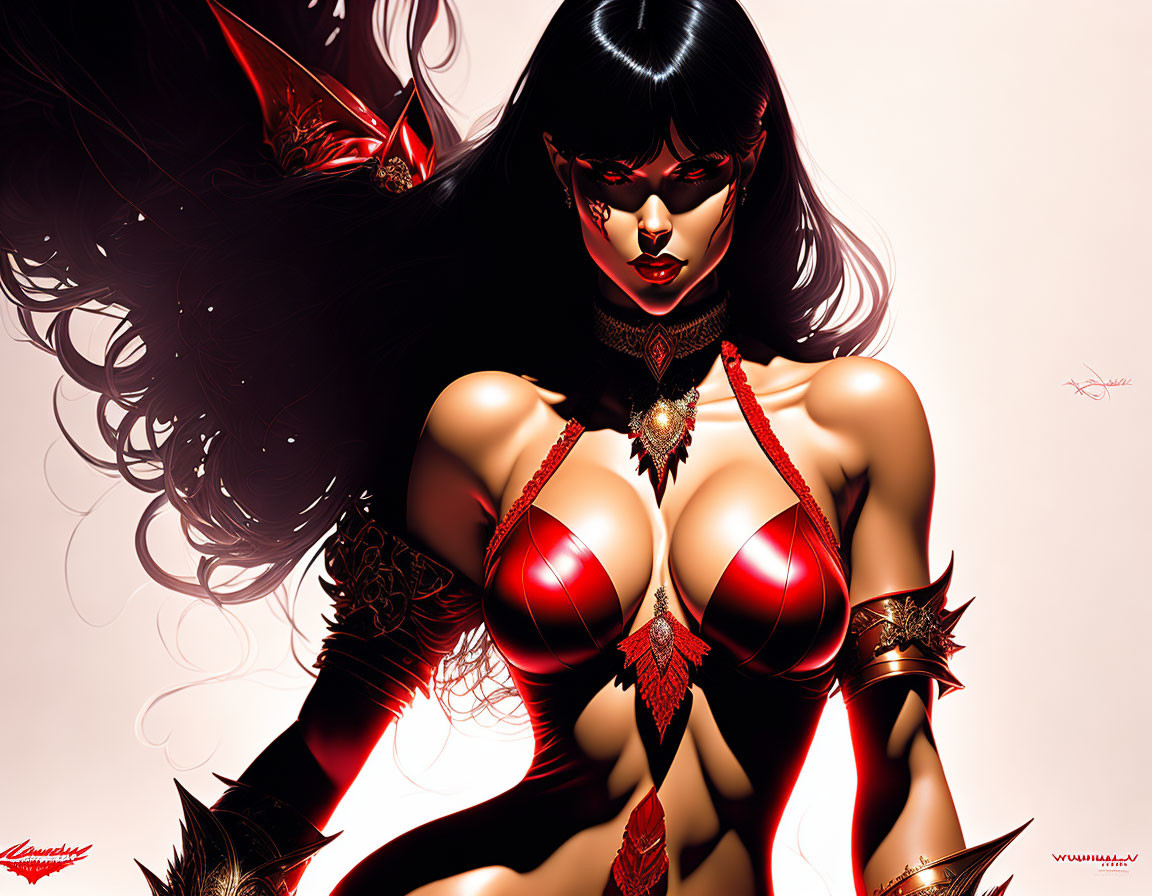 Fictional female character with dark hair in red armor and cape