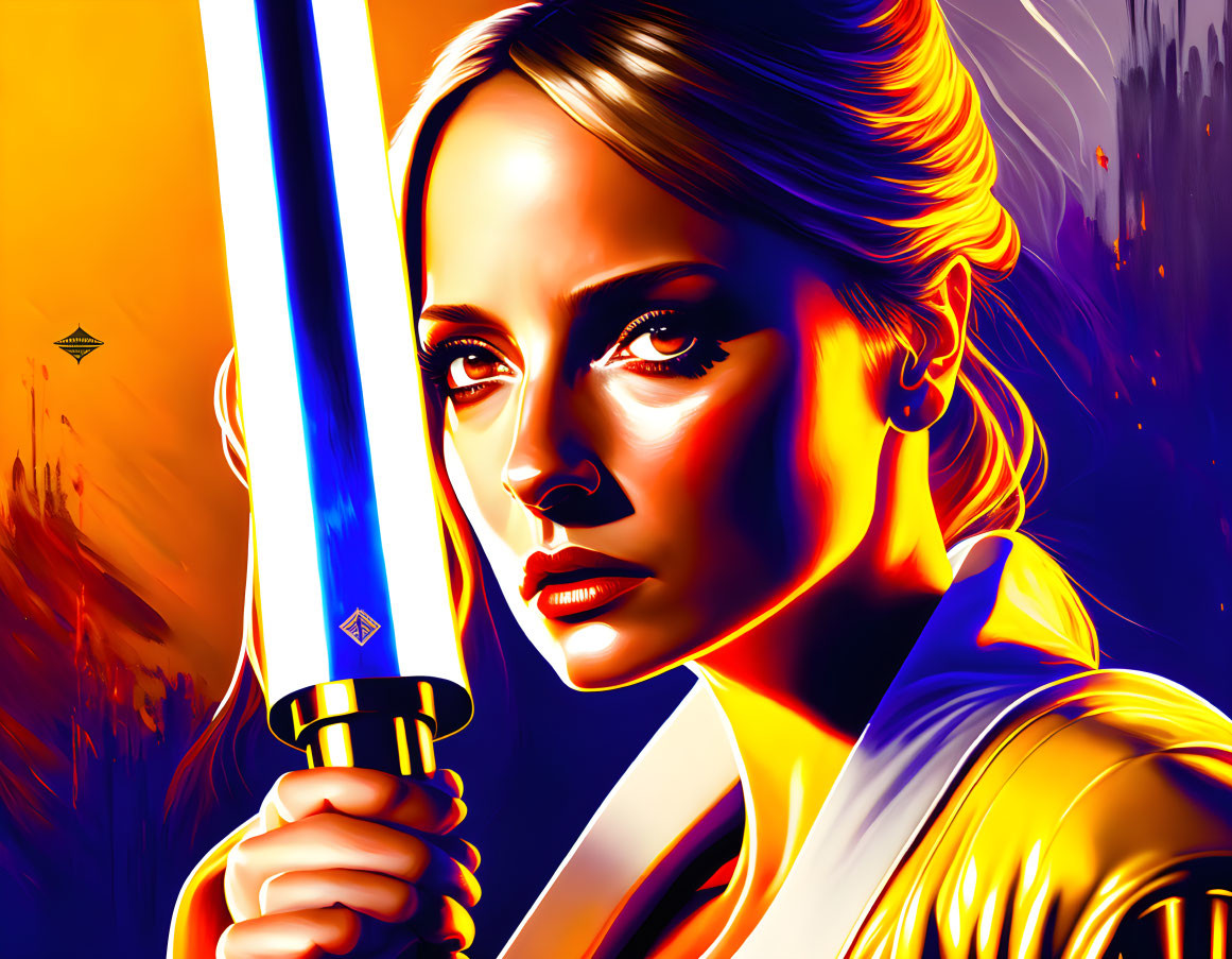 Vibrant digital portrait of a woman with a blue lightsaber in dynamic color scheme