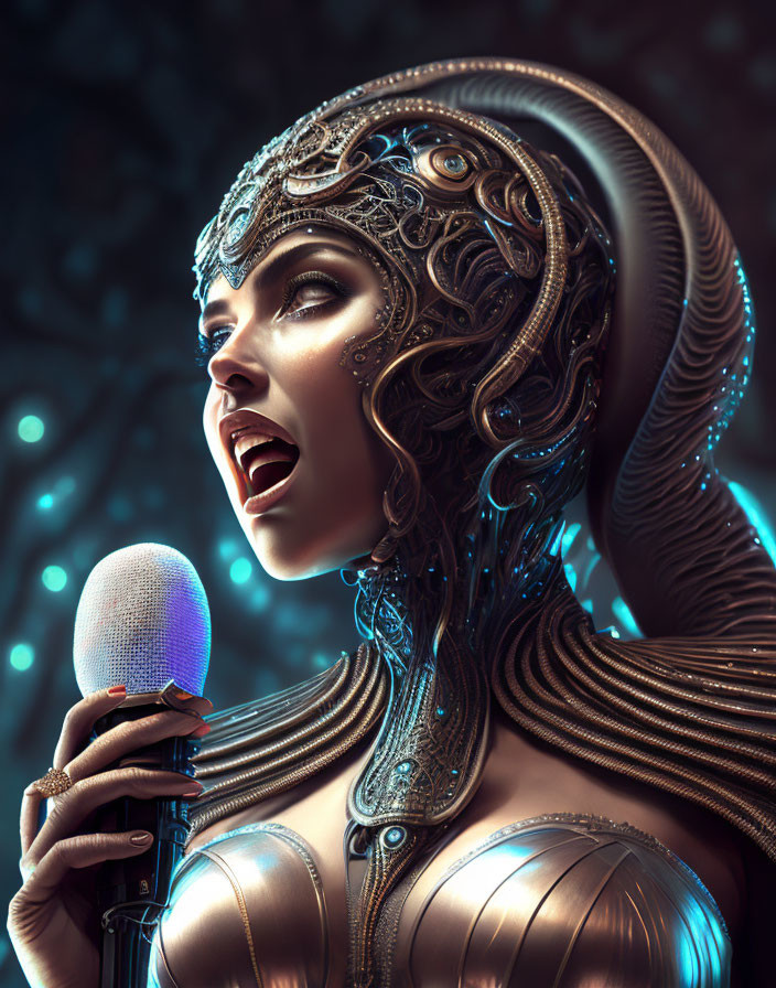 Female character in ornate armor singing with microphone on blue backdrop