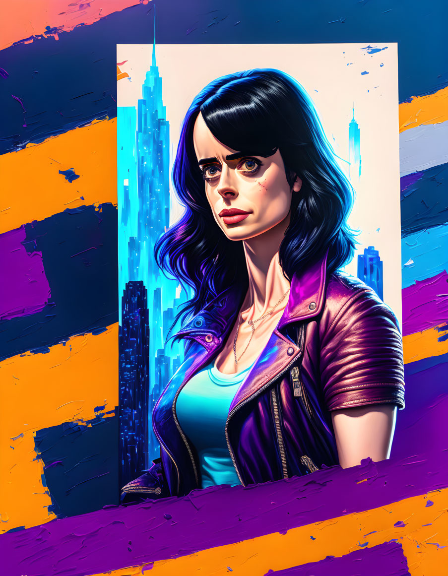 Dark-haired woman in leather jacket against colorful abstract backdrop