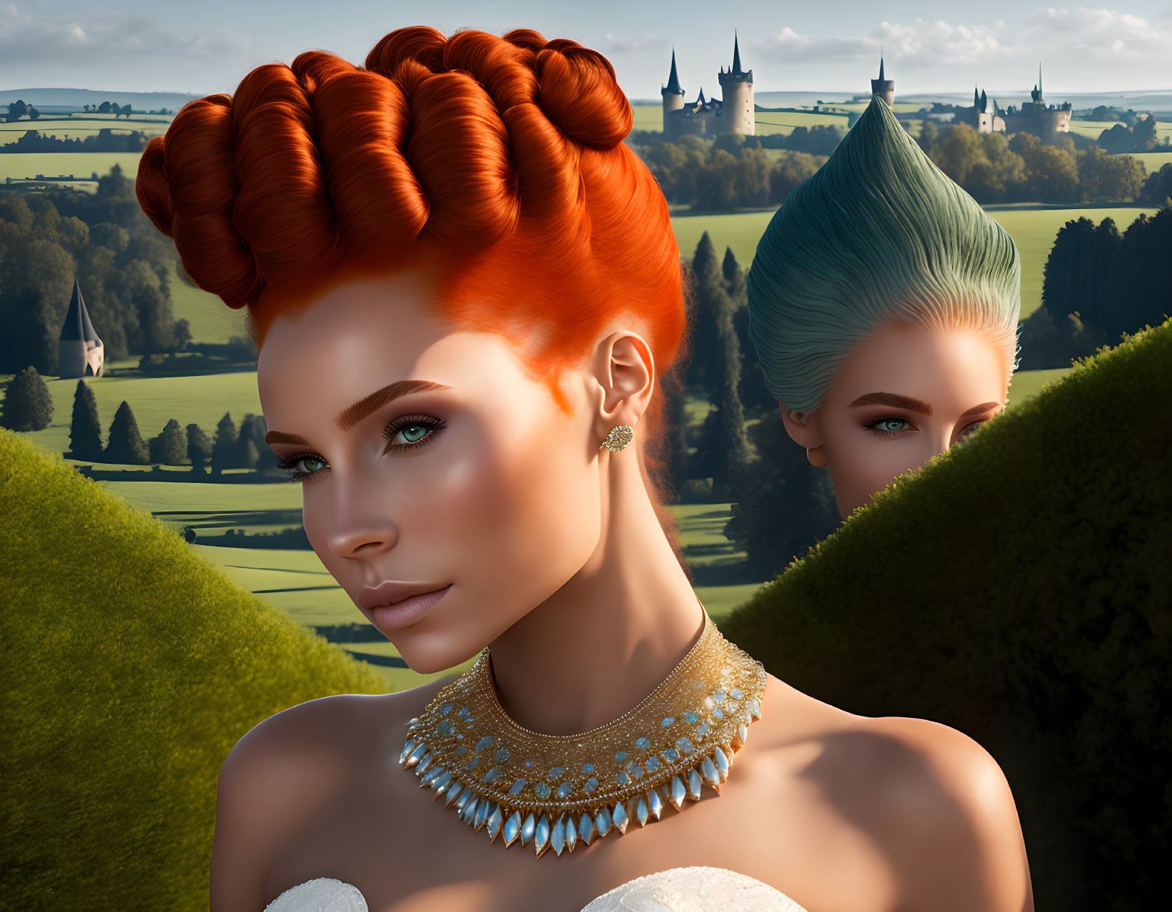 Stylized women with elaborate hairstyles and necklaces in serene landscape