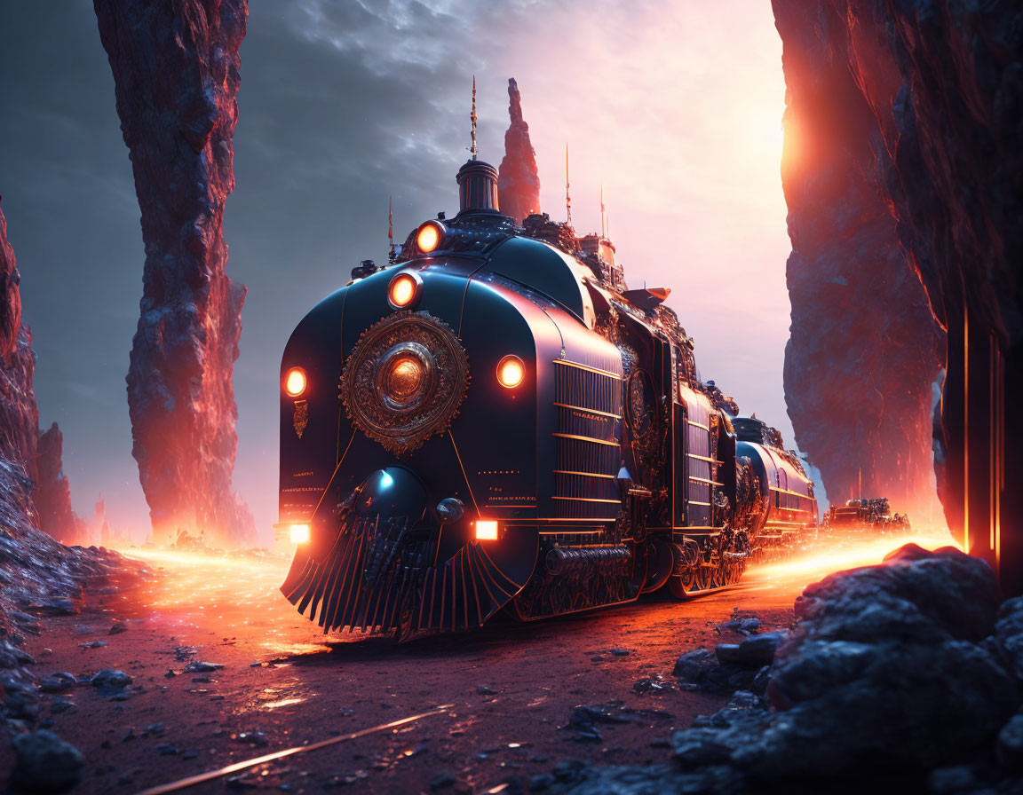 Futuristic ornate design train speeds through volcanic landscape