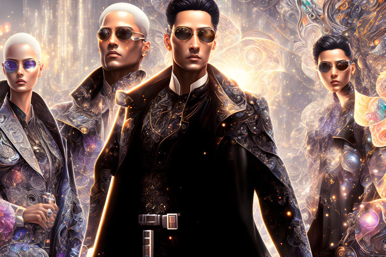 Four stylishly dressed individuals with futuristic elements on ornate celestial background.