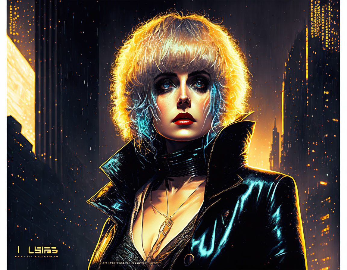 Blonde woman with blue eyes in black jacket against neon cityscape