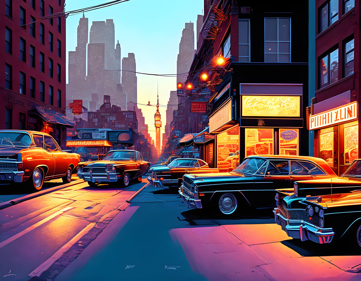 Vibrant cityscape with vintage cars, neon signs, and tall buildings in retro-futuristic