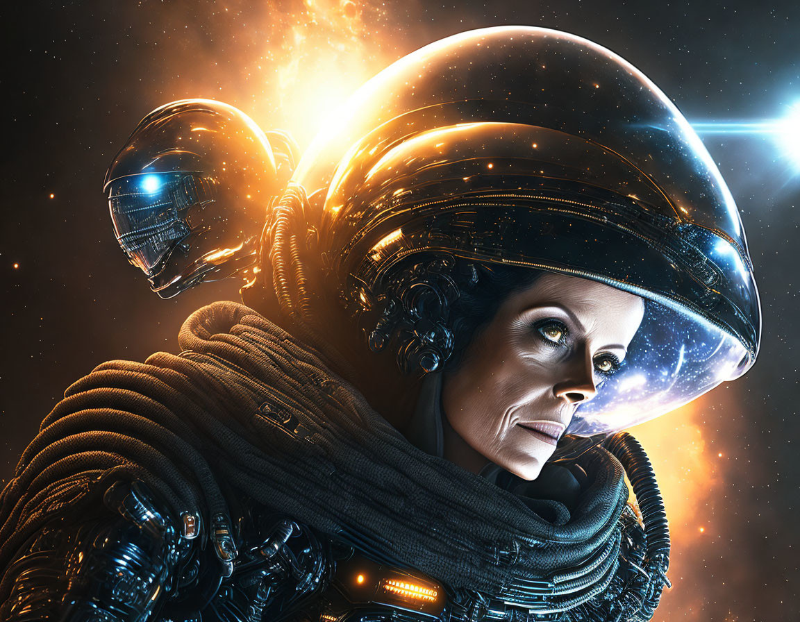 Digital artwork: humanoid astronaut with large reflective helmet in cosmic setting