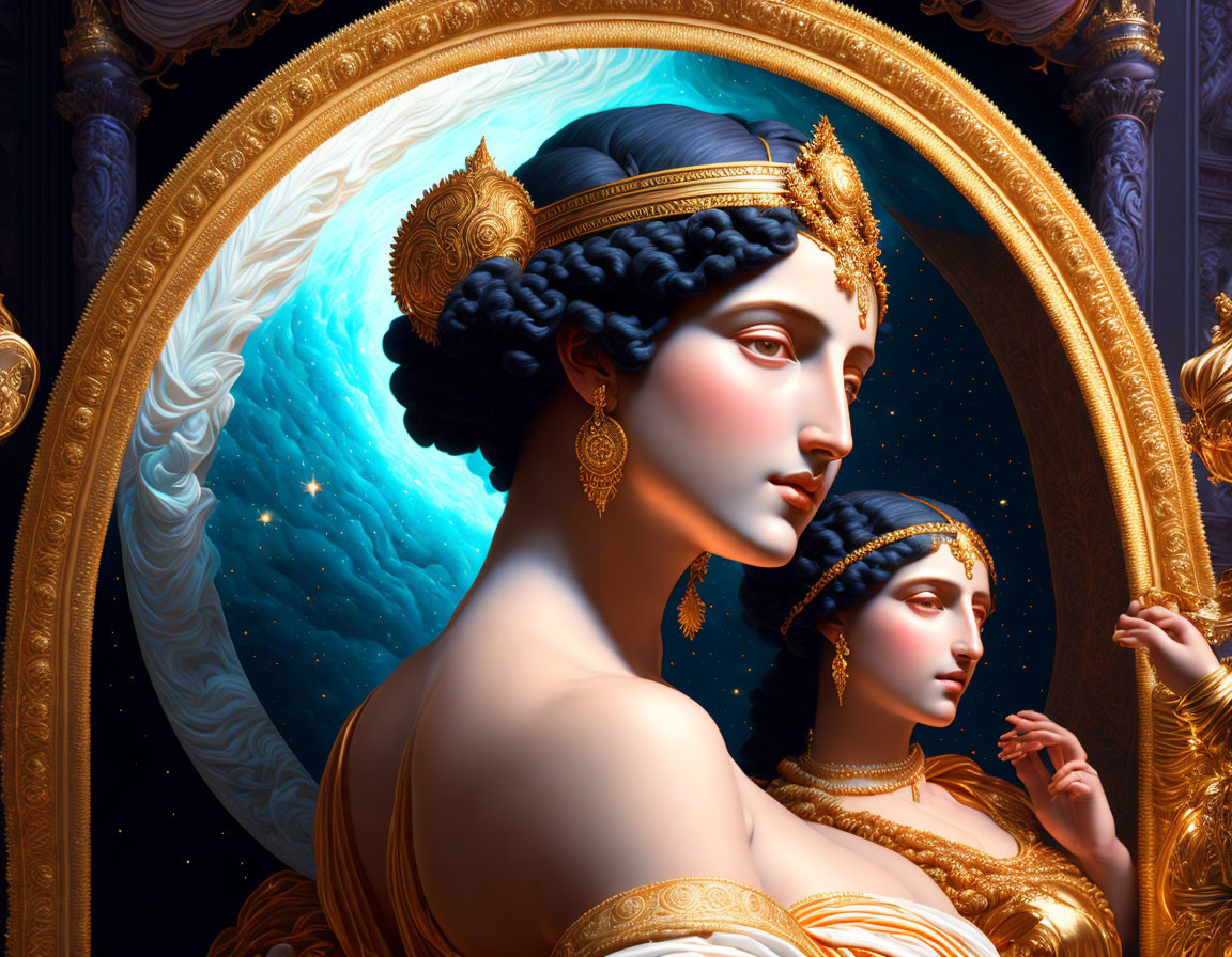 Fantastical illustration of two women with golden headpieces against moon backdrop