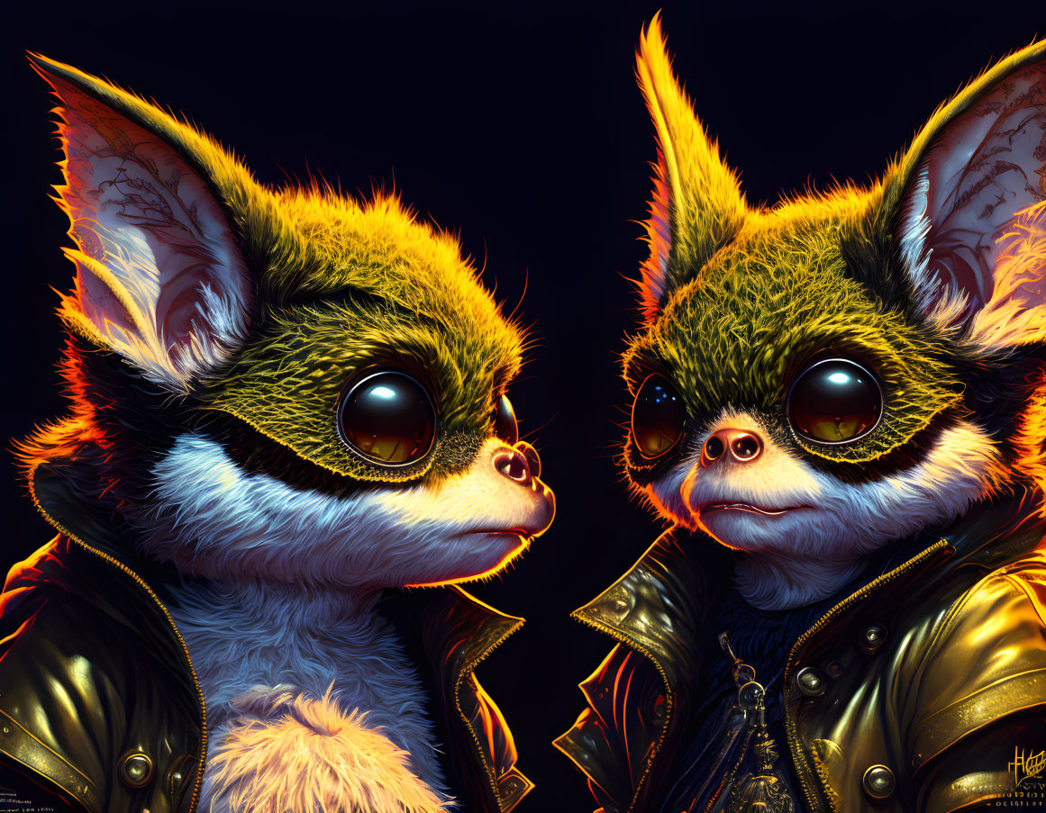 Stylized anthropomorphic bat characters in leather jackets on dark backdrop