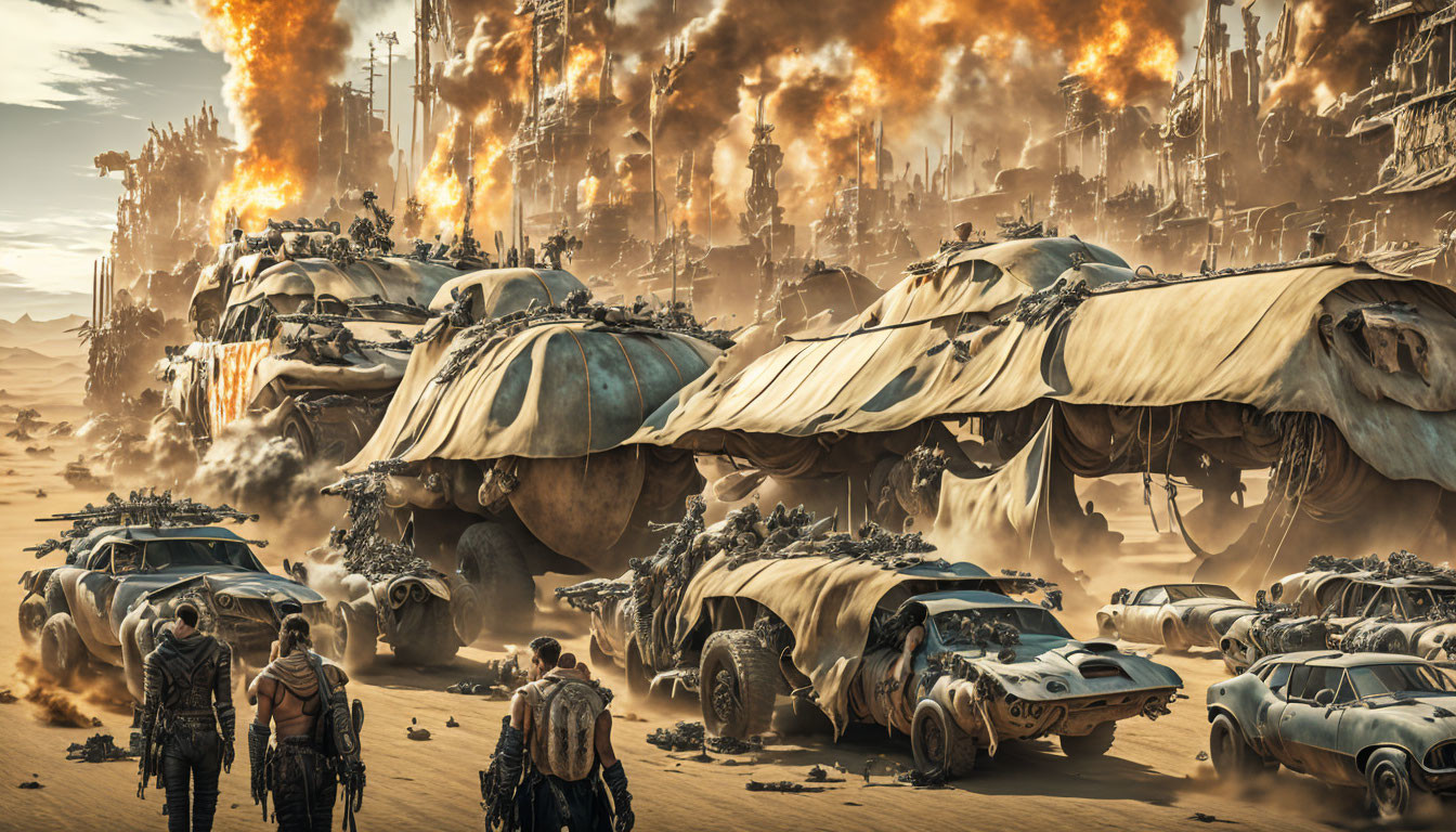 Dystopian desert ruins with explosions and chaos.