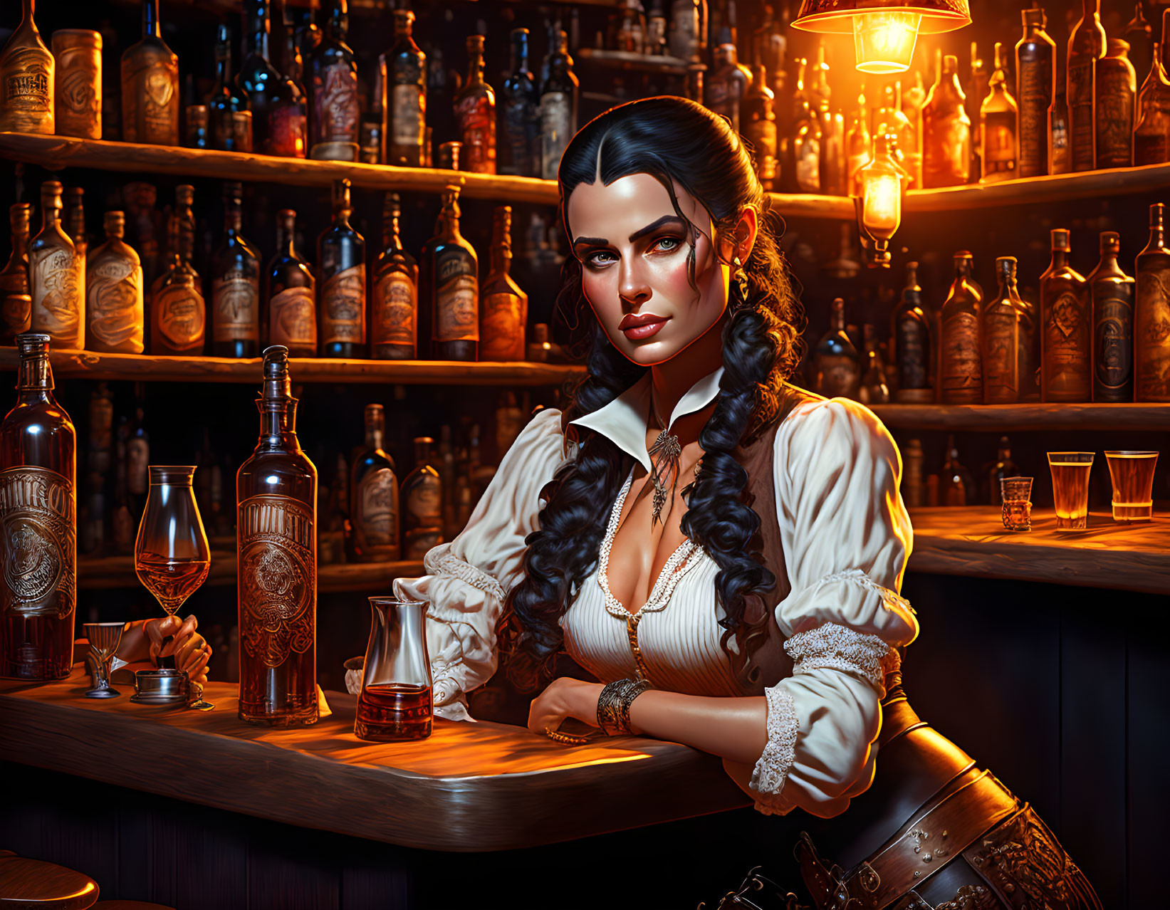 Dark-haired woman in vintage outfit at bar with bottles and glasses