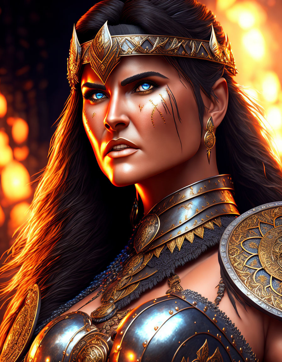 Striking woman in blue eyes with warrior face paint and golden armor